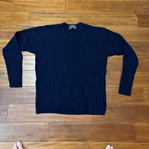 Vintage Britches 100% Lambswool Navy Ribbed Sweater V-Neck Grandpacore Retro| XL